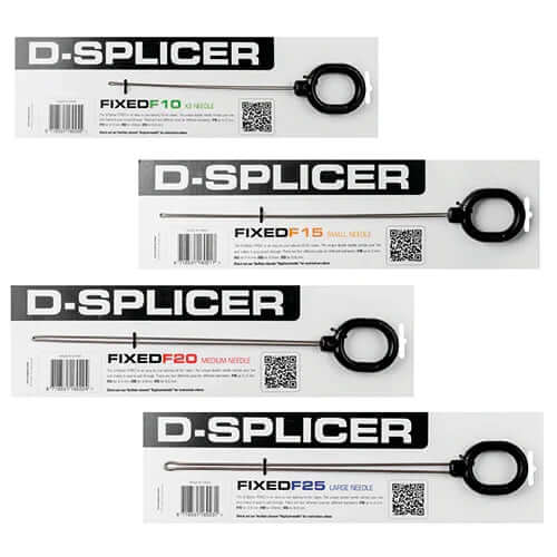 Aiguille à long chas D-Splicer avec différents modèles de tailles FIXEDF10, FIXEDF15, FIXEDF20 et FIXEDF25.