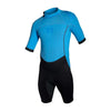 Combinaison shorty 3/2mm unisex en néoprène bleu avec fermeture éclair et coutures plates.