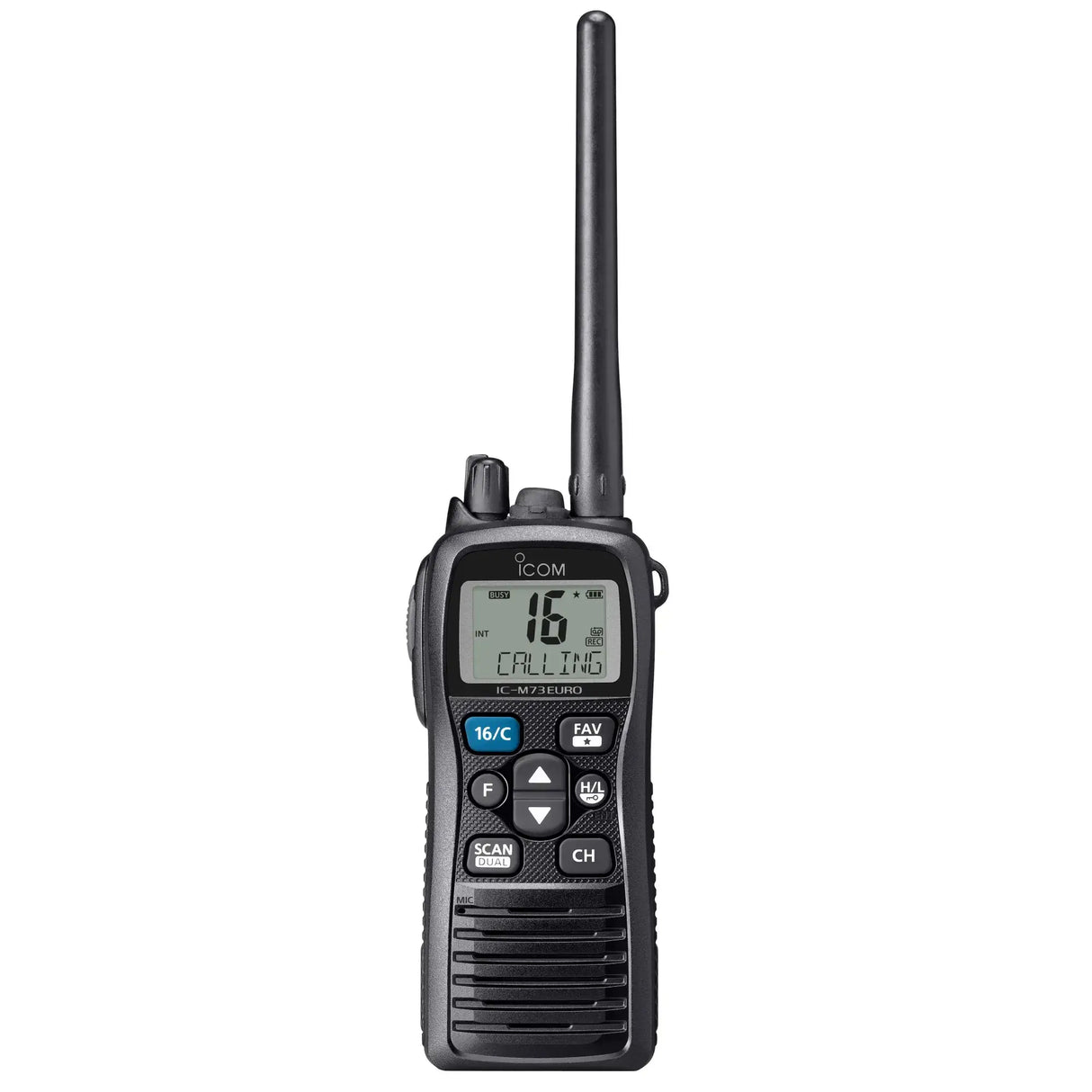 HF Portable ICOM ICM73 EURO 64 avec écran LCD et antenne, étanche IPX8, ergonomie pour marins.