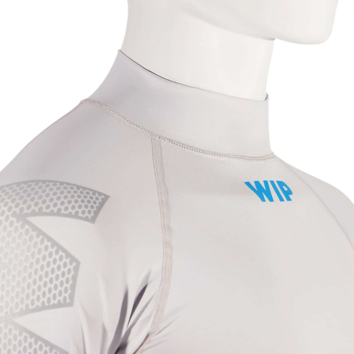 Overtop LONG SLEEVE RASHGUARD GREY featuring a high neck design and WIP logo in blue on a grey background.