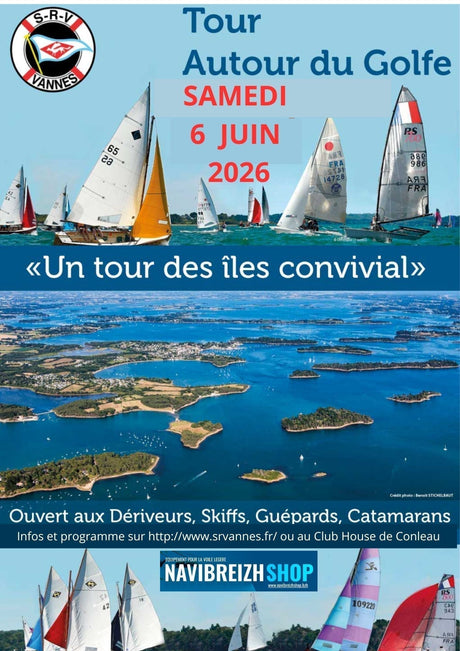 Affiche de la régate Tour Autour du Golfe, événement sportif le 6 juin 2026, avec voiliers sur un golfe.