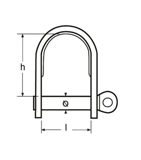 Manille imperdable Ø5mm - 14/40mm + anneau Ø12, illustration technique avec dimensions h et l.