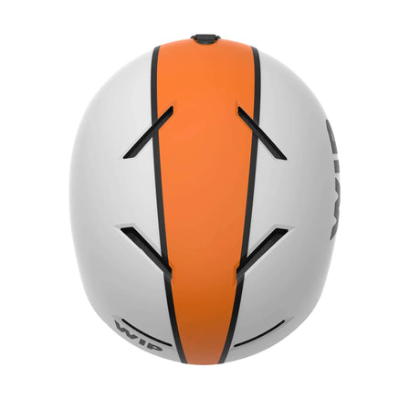 Casque X-OVER vue de dessus, design aérodynamique avec couleur orange et construction IN MOLD pour performance.
