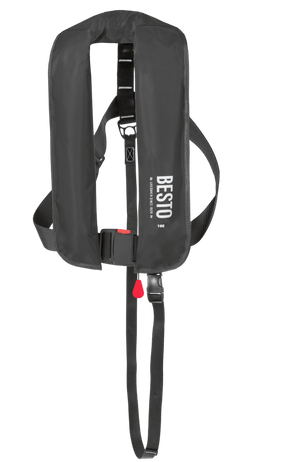 Gilet de sauvetage automatique BESTO, design innovant et flottabilité optimale pour sécurité en activités nautiques.