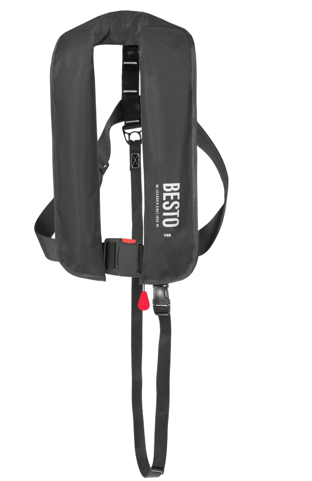 Gilet de sauvetage automatique BESTO, design innovant et flottabilité optimale pour sécurité en activités nautiques.
