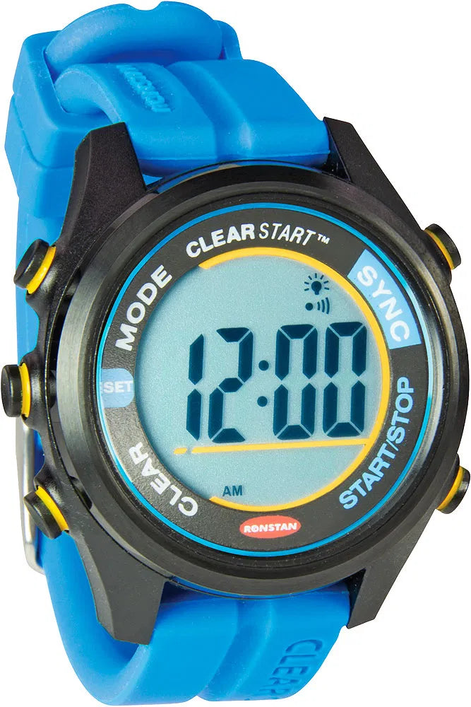 Chronomètre de régate Clear Start Ronstan affichant l'heure 12:00 sur un bracelet bleu.