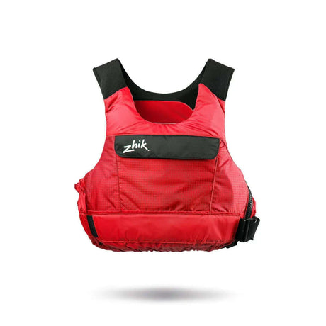 Gilet zhik rouge, gilet de sauvetage avec grandes ouvertures pour cou et bras assurant liberté de mouvement.