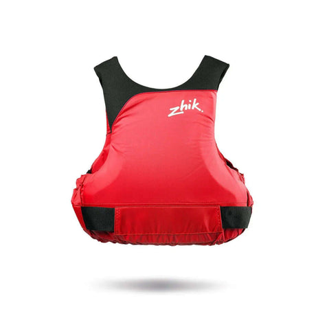 Gilet zhik rouge vu de face, conçu pour la course avec une certification ISO et des ouvertures pour liberté de mouvement.