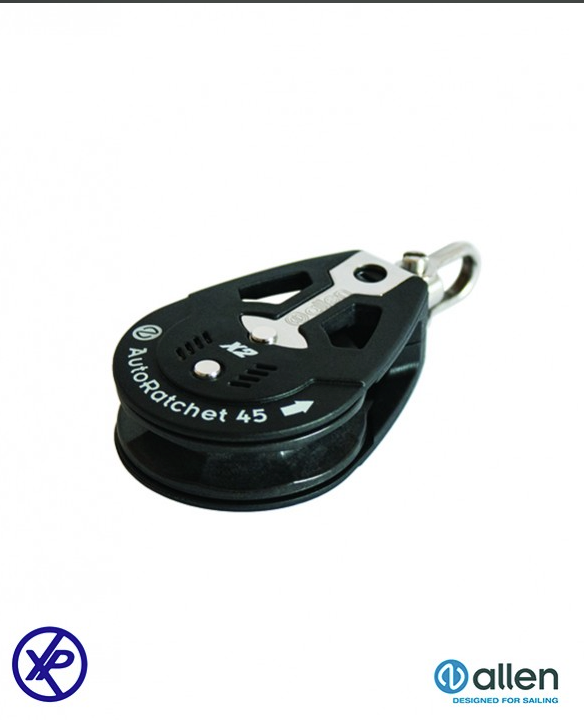 Poulie winch automatique à double cliquet 45mm Allen, offrant un grip puissant pour cordages de 6 à 10mm.