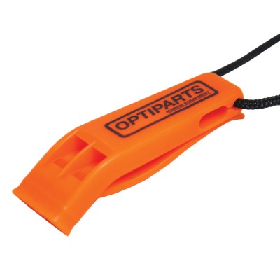 Sifflet de sécurité nautique orange avec cordon et clip, idéal pour les activités en bateau.