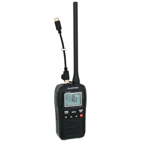 VHF Portable Plastimo SX 350+ avec antenne, écran numérique et connexion USB-C.