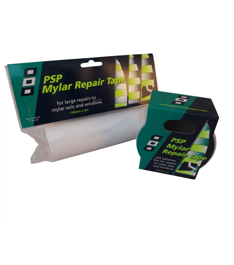 Adhésif réparation de voile Mylar/Monofilm - Transparent, rouleau de 50mm x 3m, conçu pour voiles et hublots.