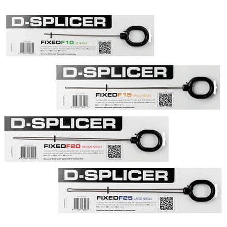 Aiguille à long chas D-Splicer avec différents modèles de tailles FIXEDF10, FIXEDF15, FIXEDF20 et FIXEDF25.