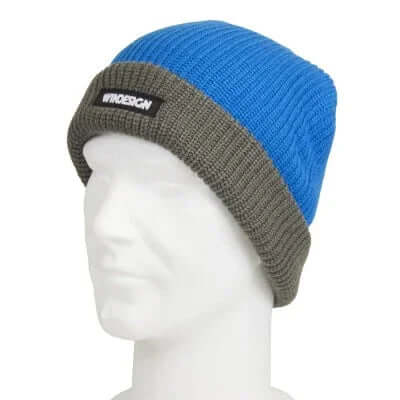 Bonnet en tricot flottant adulte en bleu et gris, conçu pour flotter en cas de chute, matière thermique douce.