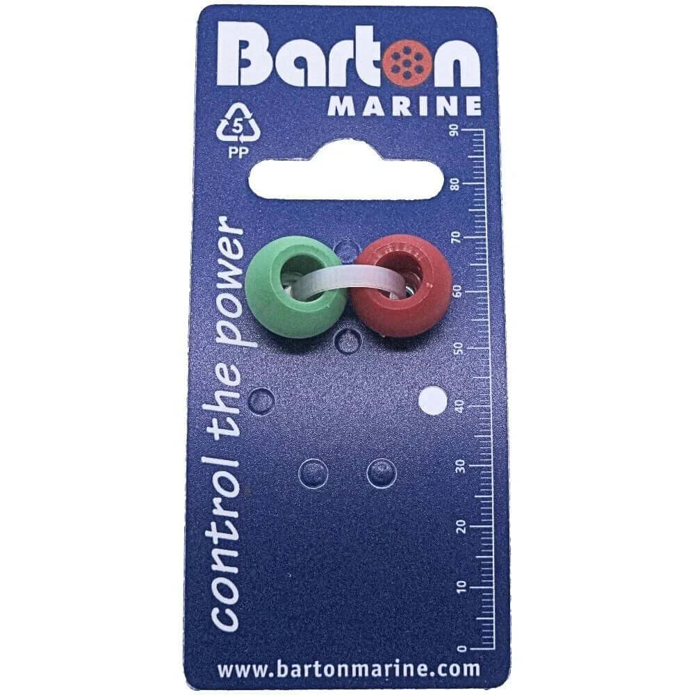 Boules de butée x 2 pour cordage de Ø 4 mm sur support, couleur rouge et verte, avec mesure.