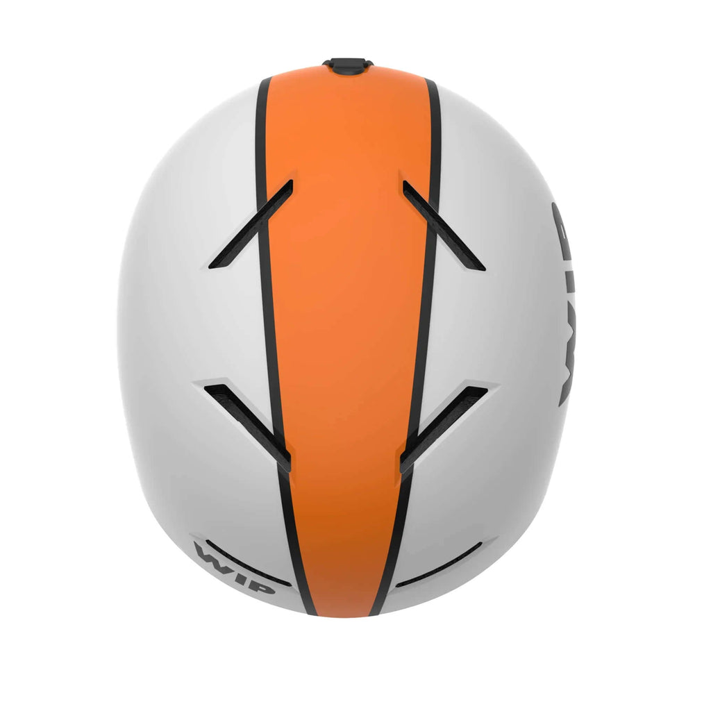 Casque X-OVER vue de dessus, design aérodynamique avec couleur orange et construction IN MOLD pour performance.