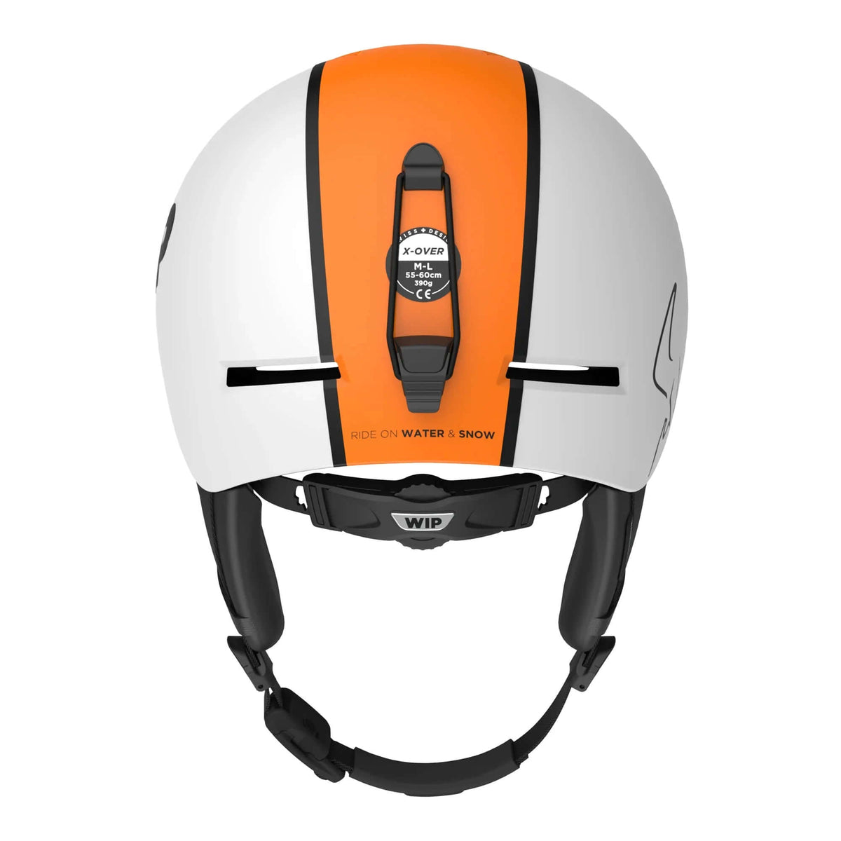 Casque X-OVER vue de dessus, design IN MOLD avec éléments de sécurité et confort pour sports aquatiques et neige.