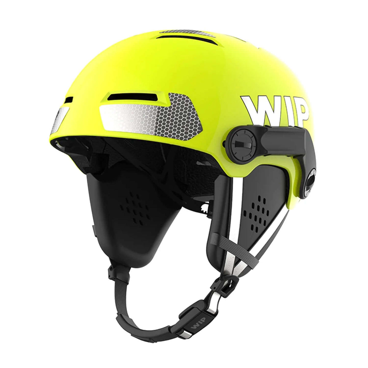 Casque de sécurité X-OVER RESCUE en couleur néon jaune avec système d'ajustement micrométrique et visière.