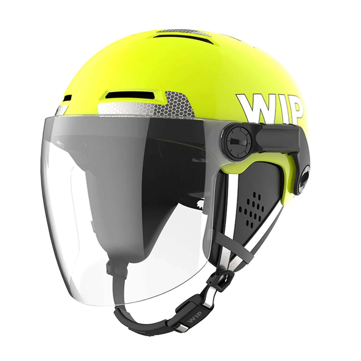 Casque de sécurité X-OVER RESCUE en jaune avec visière et système de réglage micrométrique.