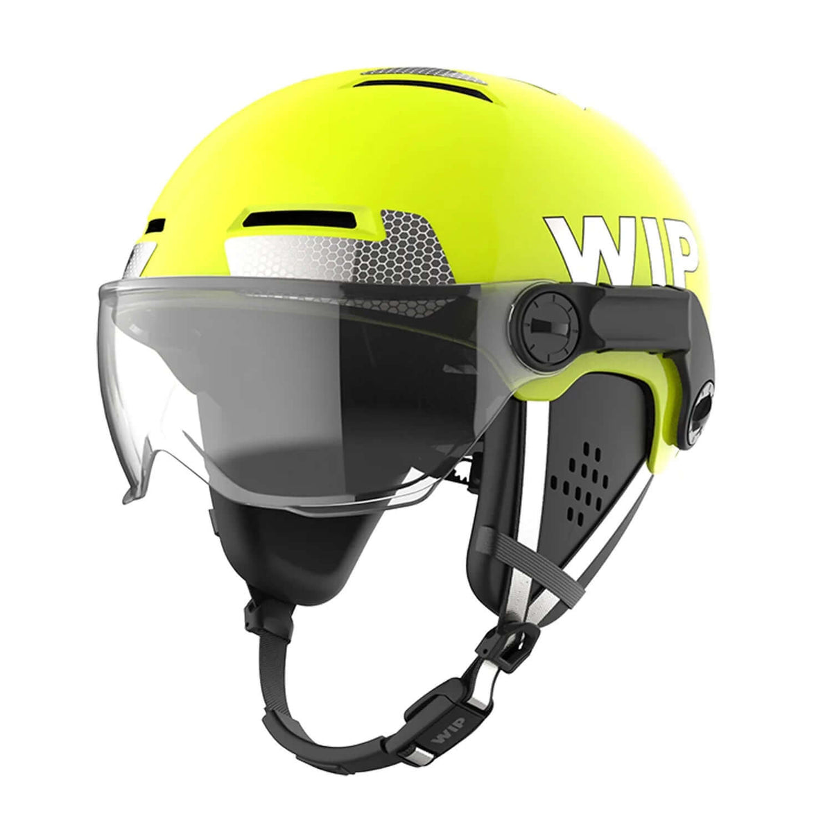 Casque de sécurité X-OVER RESCUE en jaune vif avec visière transparente et réglage micrométrique.