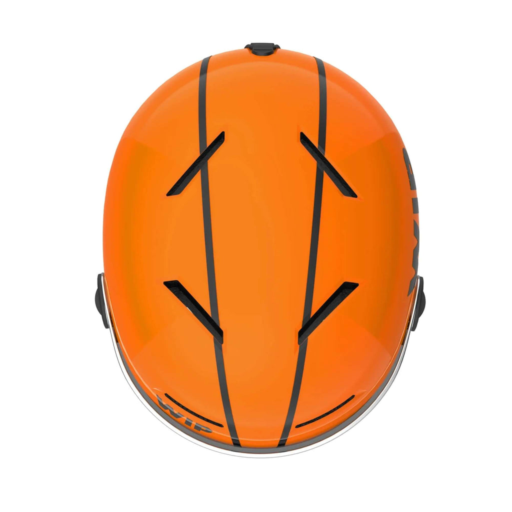 Casque de protection léger X-OVER vue de dessus, couleur orange avec design aérodynamique.