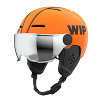 Casque de protection léger X-OVER avec visière intégrée, couleur orange, conçu pour un confort et une sécurité optimaux.