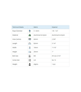 Clamcleat 6mm Junior + réa haut technical specifications table in metric and imperial measurements.