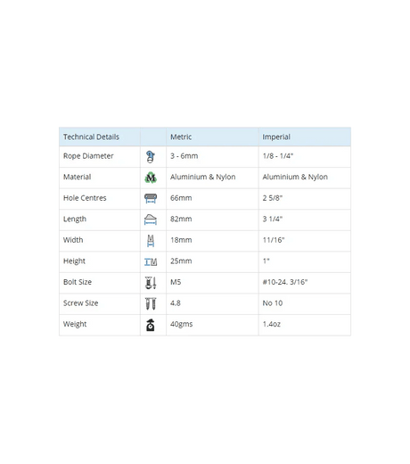 Clamcleat 6mm Junior + réa haut technical specifications table in metric and imperial measurements.