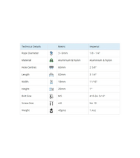 Clamcleat 6mm Junior + réa haut technical specifications table in metric and imperial measurements.