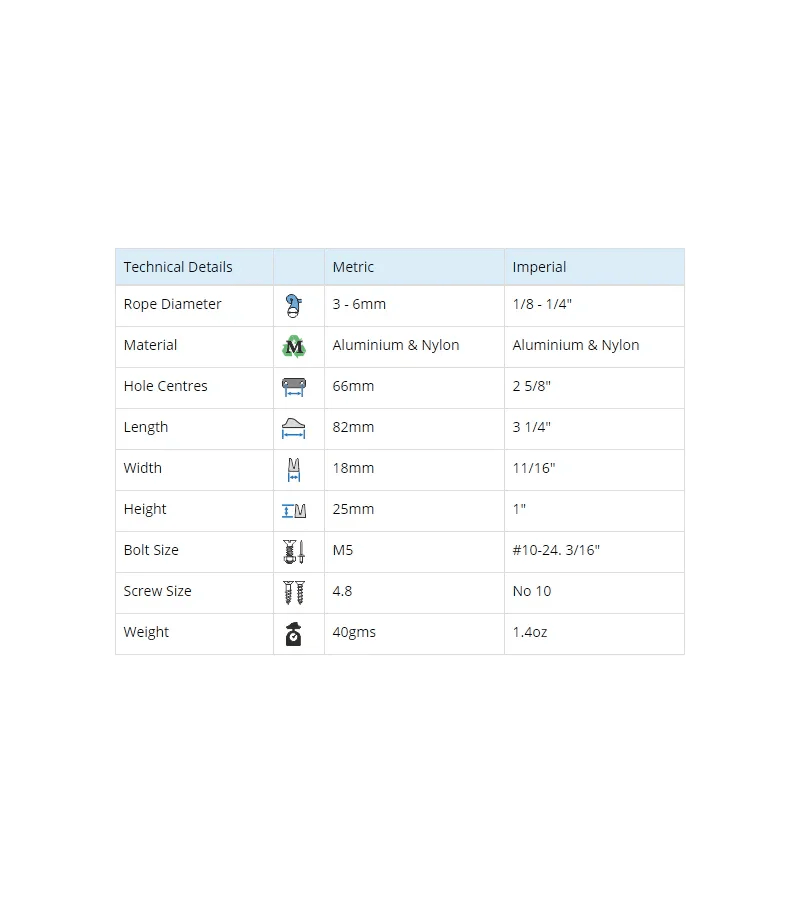 Clamcleat 6mm Junior + réa haut technical specifications table in metric and imperial measurements.