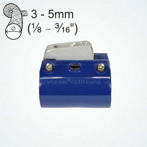 Kit complet Clamcleat Aluminium pour tube montrant un taquet pour cordages de 3 à 5 mm.