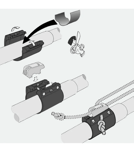 Clamcleat Aluminium pour tube - taquet seul : schéma d'installation sur tubes et fixation.