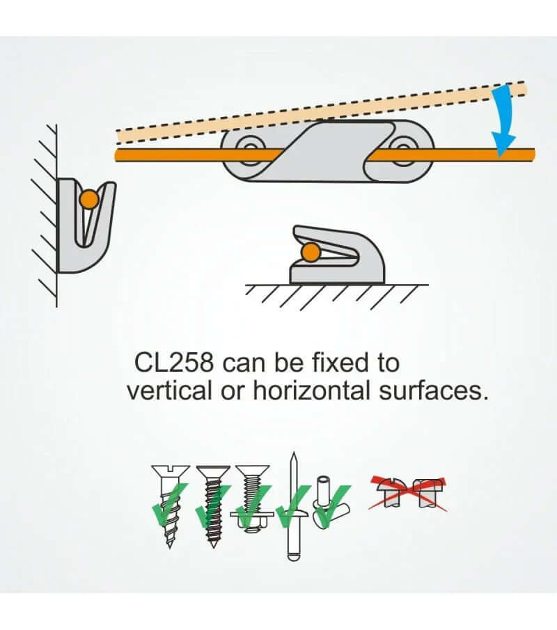 Clamcleat aluminium ouvert à plat - Tribord installation guide showing CL258 fixed to vertical or horizontal surfaces.