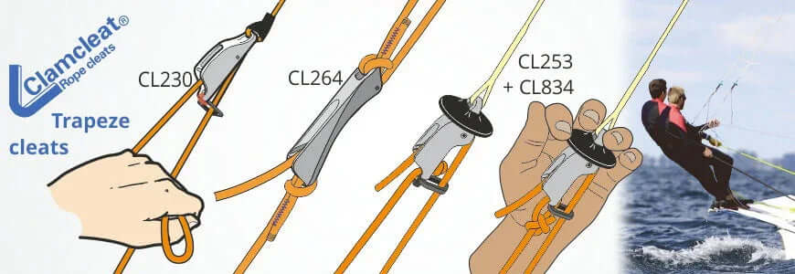 Illustration of Clamcleat mini Aluminium CL253 in use with trapeze cleats, showing functionality and connection.