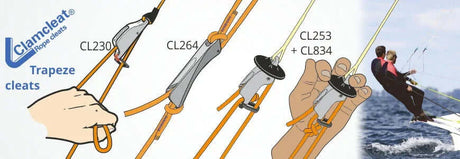 Illustration of Clamcleat mini Aluminium CL253 in use with trapeze cleats, showing functionality and connection.
