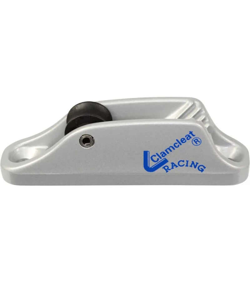 Clamcleat 6mm Junior + réa haut avec guide-câble à rouleaux en aluminium anodisé gris.