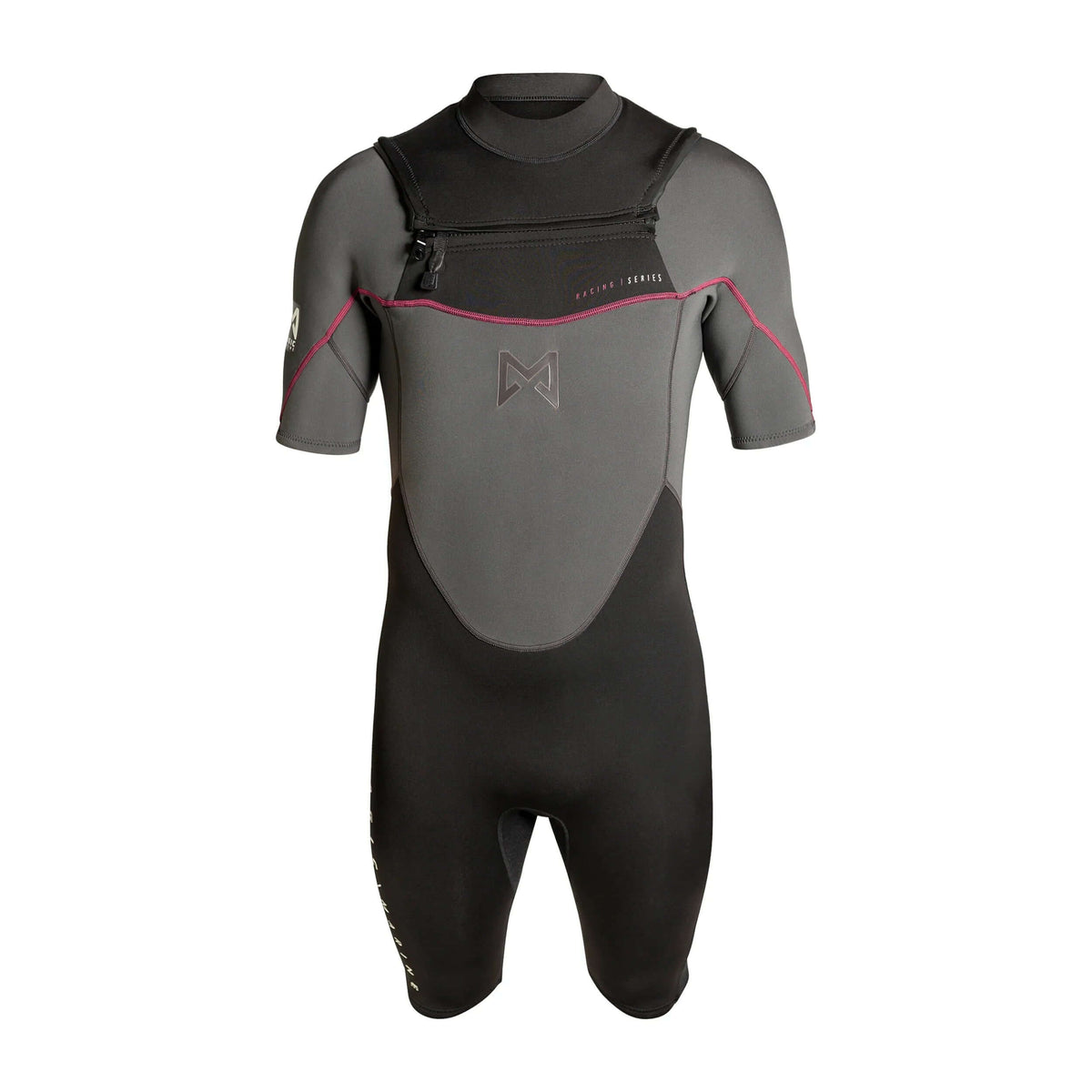 Combinaison shorty 3/2 flatlock pour sports nautiques, conçue pour confort et performance avec fermeture éclair.