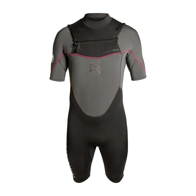Combinaison shorty 3/2 flatlock pour sports nautiques, conçue pour confort et performance avec fermeture éclair.