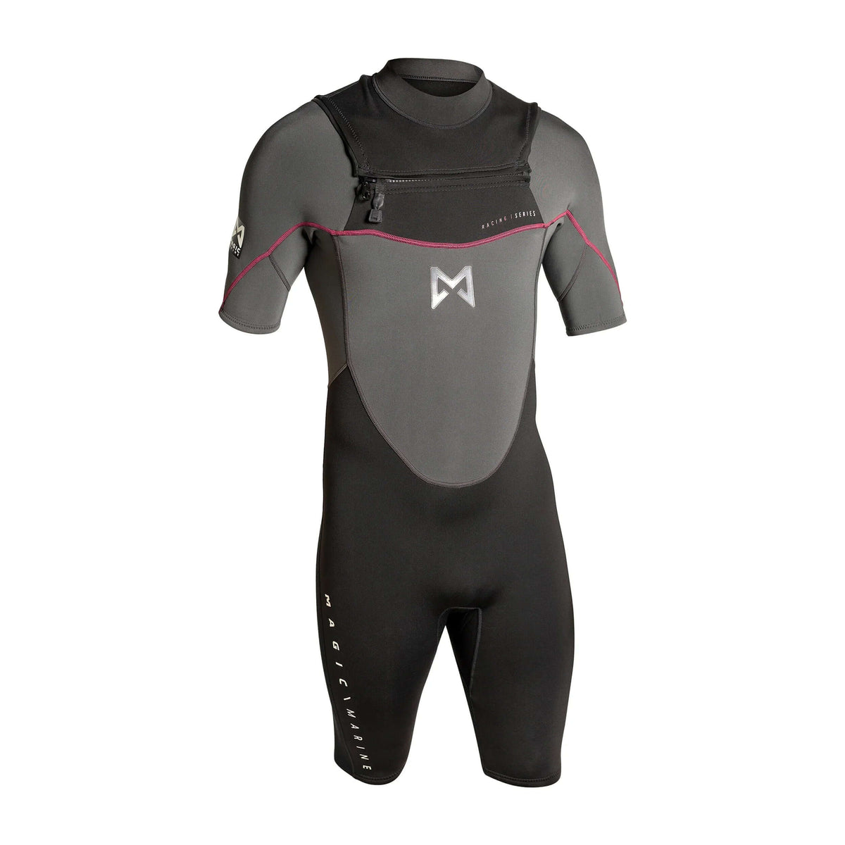 Combinaison shorty 3/2 flatlock pour sports nautiques en néoprène avec fermeture éclair et design moderne.