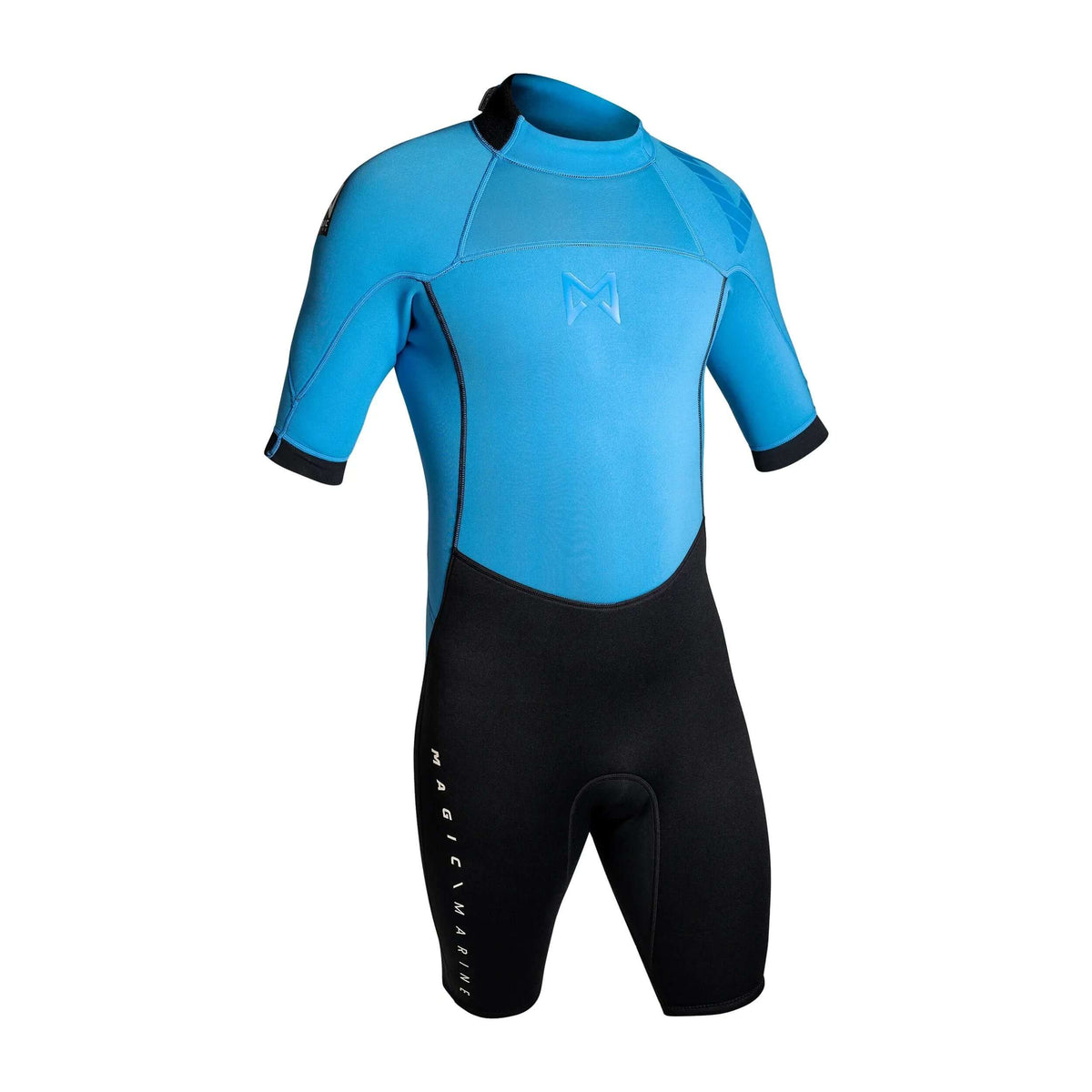 Combinaison shorty 3/2mm unisex en néoprène bleu et noir, idéale pour le surf et les activités nautiques.