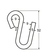 Schéma technique du crochet ouvert INOX avec dimensions spécifiées, utilisé pour fixation amovible rapide.