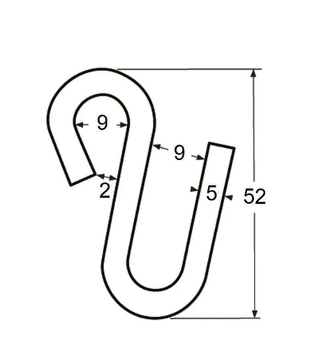 Schéma technique du crochet ouvert INOX avec dimensions spécifiées, utilisé pour fixation amovible rapide.