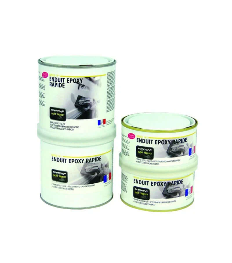 Mastic époxy 1/1 facile à mélanger en pots, idéal pour une finition parfaite et un durcissement rapide.