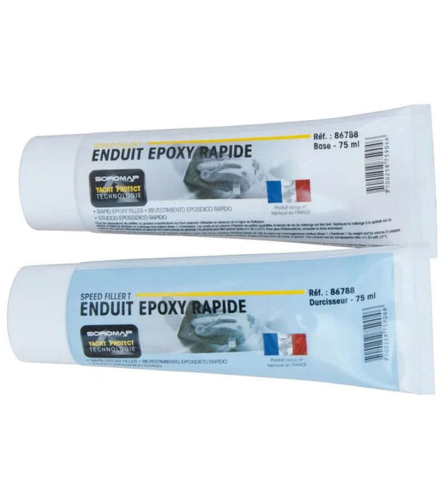 Enduit époxy rapide speed filler 150ml, lot de 2 tubes de 75ml, utilisé pour réparations sur diverses surfaces.