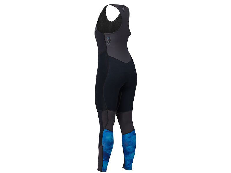Long John Thermaflex 1.5mm femme vue latérale, combinaison de plongée pour femme avec motifs colorés.
