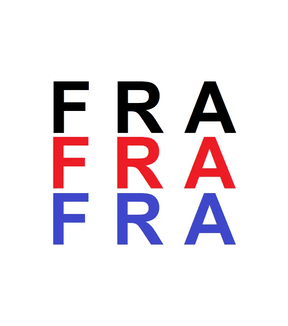 Design graphique avec les lettres FRA en noir, rouge et bleu sur fond blanc.