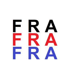 Design graphique avec les lettres FRA en noir, rouge et bleu sur fond blanc.