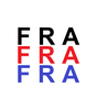 Design graphique avec les lettres FRA en noir, rouge et bleu sur fond blanc.