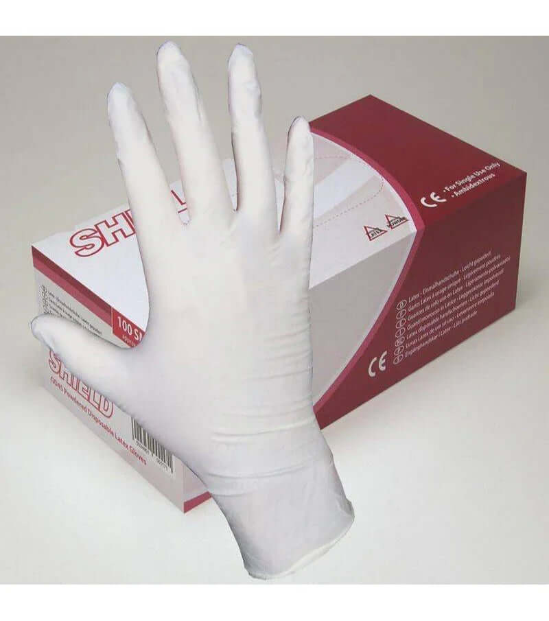 Gants latex - les 100, boîte de 100 gants en latex naturel, taille standard, ambidextre, conforme aux normes CE.