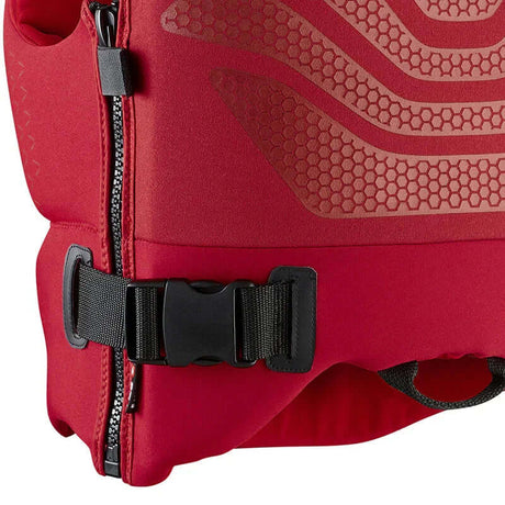 Gilet d'aide à la flottabilité FLOW NEO VEST 50N vue rapprochée du système de fermeture et boucle de maintien.